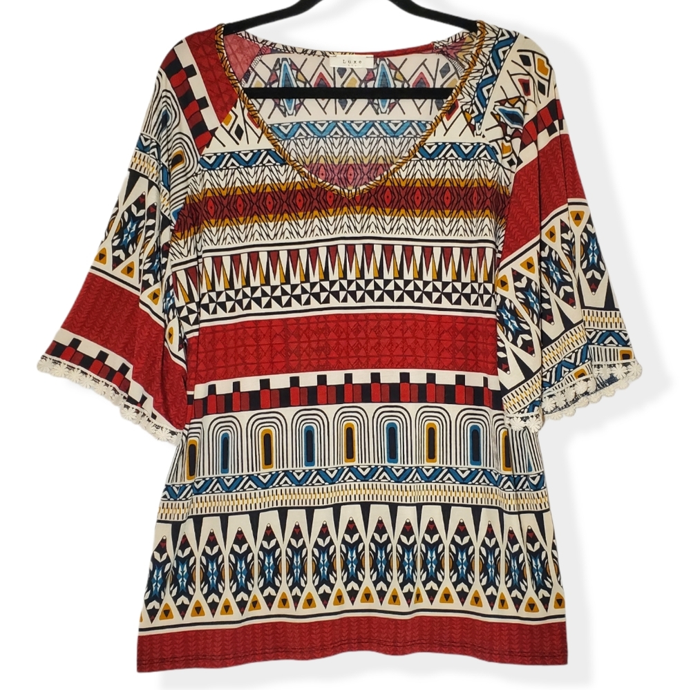 Luxe V-Neck Stripe Ikat Print Flutter Sleeve Top